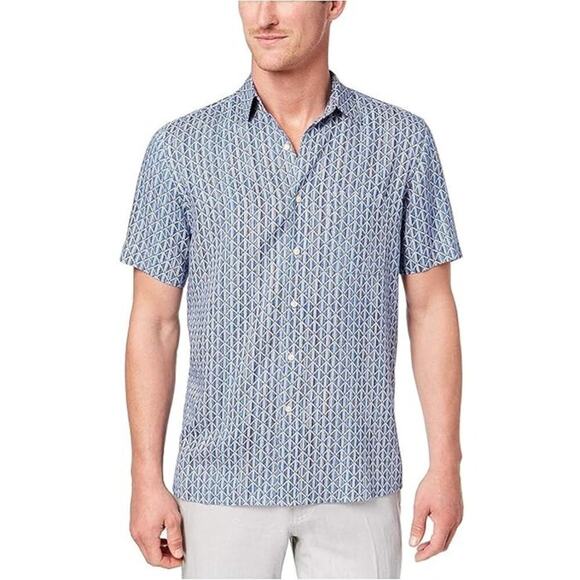Tasso Elba Men's Shirt Size L Blue Silk Blend Geometric Short Sleeve Designer - Picture 1 of 7